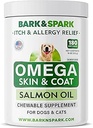 BARK&SPARK Omega 3 για σκύλους - 180 Fish Oil Treats for Dog Shedding, Skin Allergy, Itch Relief, Hot Spots Θεραπεία - Κοινή Υγεία - Skin and Coat Supplement - EPA & DHA Λιπαρά Οξέα - Salmon Oil
