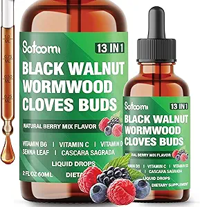 Satoomi 13in1 Black Walnut Liquid Drops with Wormwood, γαρύφαλλα, Βιταμίνη Β6, Βιταμίνη C, Βιταμίνη D, Senna, Cascara Sagrada και 5 Περισσότερα - 2 Fl Oz για 60 ημέρες - Berry Mix Γεύση