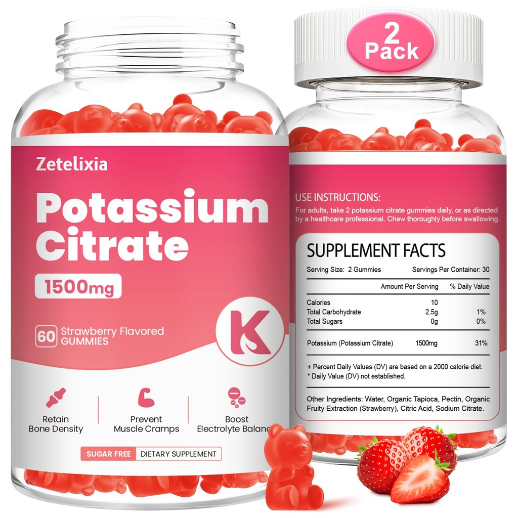 2 Πακέτο Κάλιο Gummies για ενήλικες γυναίκες & άνδρες, Συμπληρώματα Κιτρικό Κάλιο, Πόδι Υποστήριξης Cramps, Μυική Υγεία & Ηλεκτρολύτης Ισορροπία, Χωρίς ζάχαρη, Βιολογικό, Vegan, Φράουλα, 120 Cts