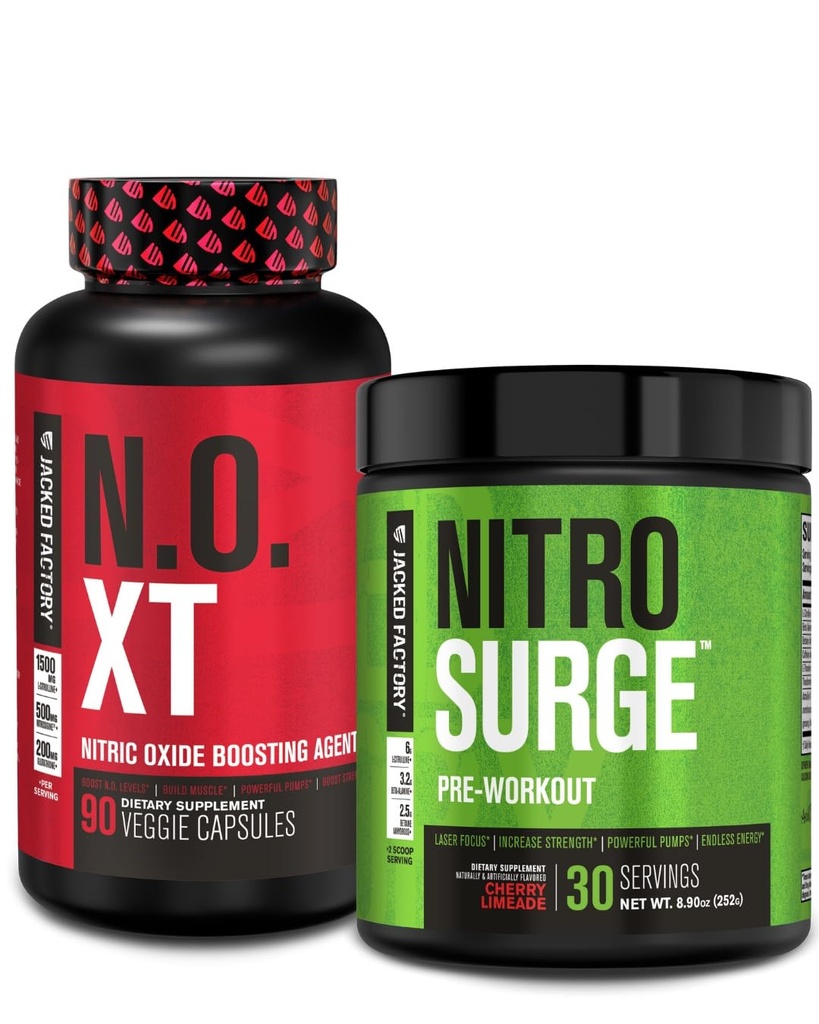 Στοίβα προ προπόνησης εργοστασίων - N.O XT Nitric Oxide Booster & NITROSURGE High Energy Pre Workout Fuel