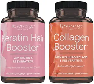 Reservage Ultra Collagen Booster & Keratin Hair Booster - Χαρακτηριστικά Dermaval, Biotin & Resveratrol - Υποστήριξη μαλλιών & δέρματος - 60 Ultra Collagen Κάψουλες, 60 κάψουλες κερατίνης