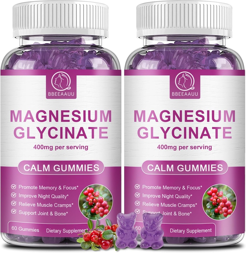 Μαγνήσιο Γλυκινικό Gummys 400 mg, Υψηλή Απορρόφηση Συμπληρώματα Μαγνησίου Γλυκινικό με Κάλιο, Ασβέστιο, Βιταμίνη D, B6 & CoQ10 για τη Νύχτα, Μυική Υποστήριξη Cranberry Flavor 60 Count (2 συσκευασίες)