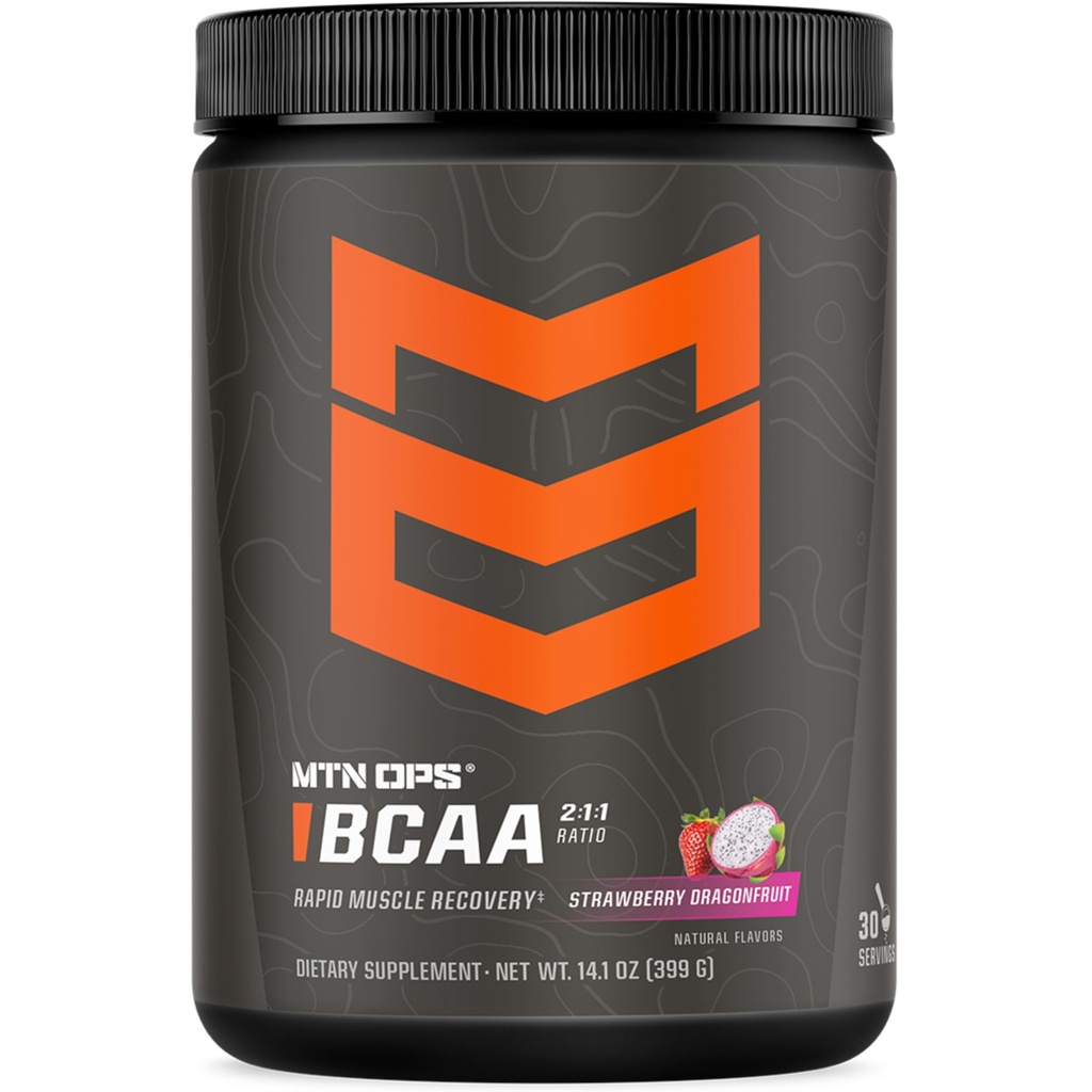 MTN OPS BCAA 2:1:1 Amino Acids Supplement Powder for Rapid Mus Recovery & Repair with Zero Sugar & Gluten Free (30-Serving Tub, Strawberry Dragonfruit)