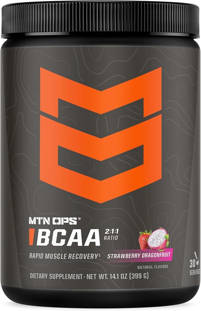 MTN OPS BCAA 2:1:1 Amino Acids Supplement Powder for Rapid Mus Recovery & Repair with Zero Sugar & Gluten Free (30-Serving Tub, Strawberry Dragonfruit)