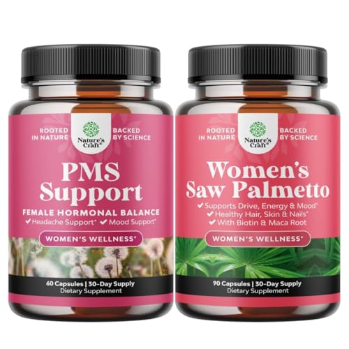 Bundle of PMS Support and Saw Palmetto for Women - Hormone Balance with DIM, Chasteberry, Black Cohosh & Ashwagandha for Period Cramps and Saw Palmetto Extract with Maca Root & Biotin for Hair Loss
