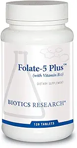 Biotics Research Folate 5 Plus Υψηλής ισχύος Folate με B12, Methyl Support, 5 Milligram Φυσική και ολόκληρη μορφή τροφίμων Folate, 18mcg B12, Διατροφή εγκυμοσύνης, Ενεργειακή Υποστήριξη, Υγιεινή Δέρμα, 120 καρτέλες