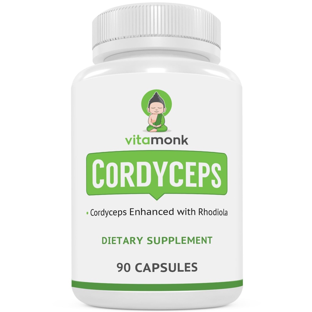 VitaMonk Cordyceps Mushroom Capsules with Rhodiola, 2 Grams of Cordyceps Mushroom Enhanced with Rhodiola - Boost Energy, Fight Stress, Enhance Performance, Non-GMO - 2000mg - 90 Caps