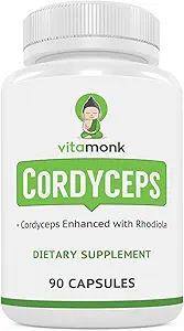 VitaMonk Cordyceps Mushroom Capsules with Rhodiola, 2 Grams of Cordyceps Mushroom Enhanced with Rhodiola - Boost Energy, Fight Stress, Enhance Performance, Non-GMO - 2000mg - 90 Caps