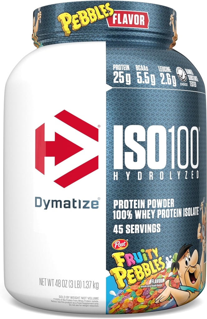 Dymatize x Fruity Pebbles ISO100 Whey Protein Powder Isolate, 25g πρωτεΐνης, 5.5g BCAAs, 120 Cal., Χωρίς γλουτένη, 1g λίπος, 1g ζάχαρη, 2g υδατανθράκων (45 Servings)