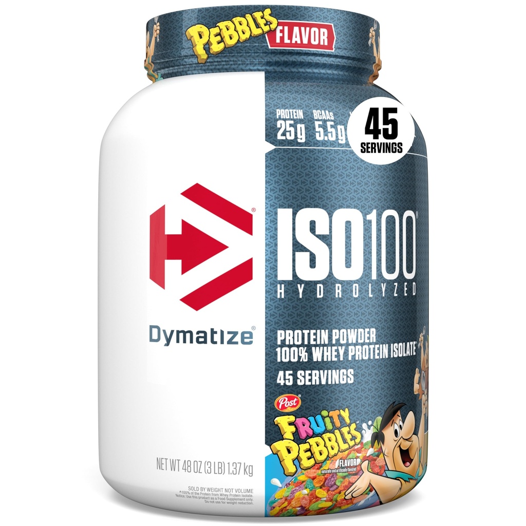 Dymatize x Fruity Pebbles ISO100 Whey Protein Powder Isolate, 25g πρωτεΐνης, 5.5g BCAAs, 120 Cal., Χωρίς γλουτένη, 1g λίπος, 1g ζάχαρη, 2g υδατανθράκων (45 Servings)