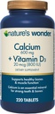Nature's Wonder Calcium 600 mg με βιταμίνη D3 20 mcg για την υγεία των οστών, 220 δισκία