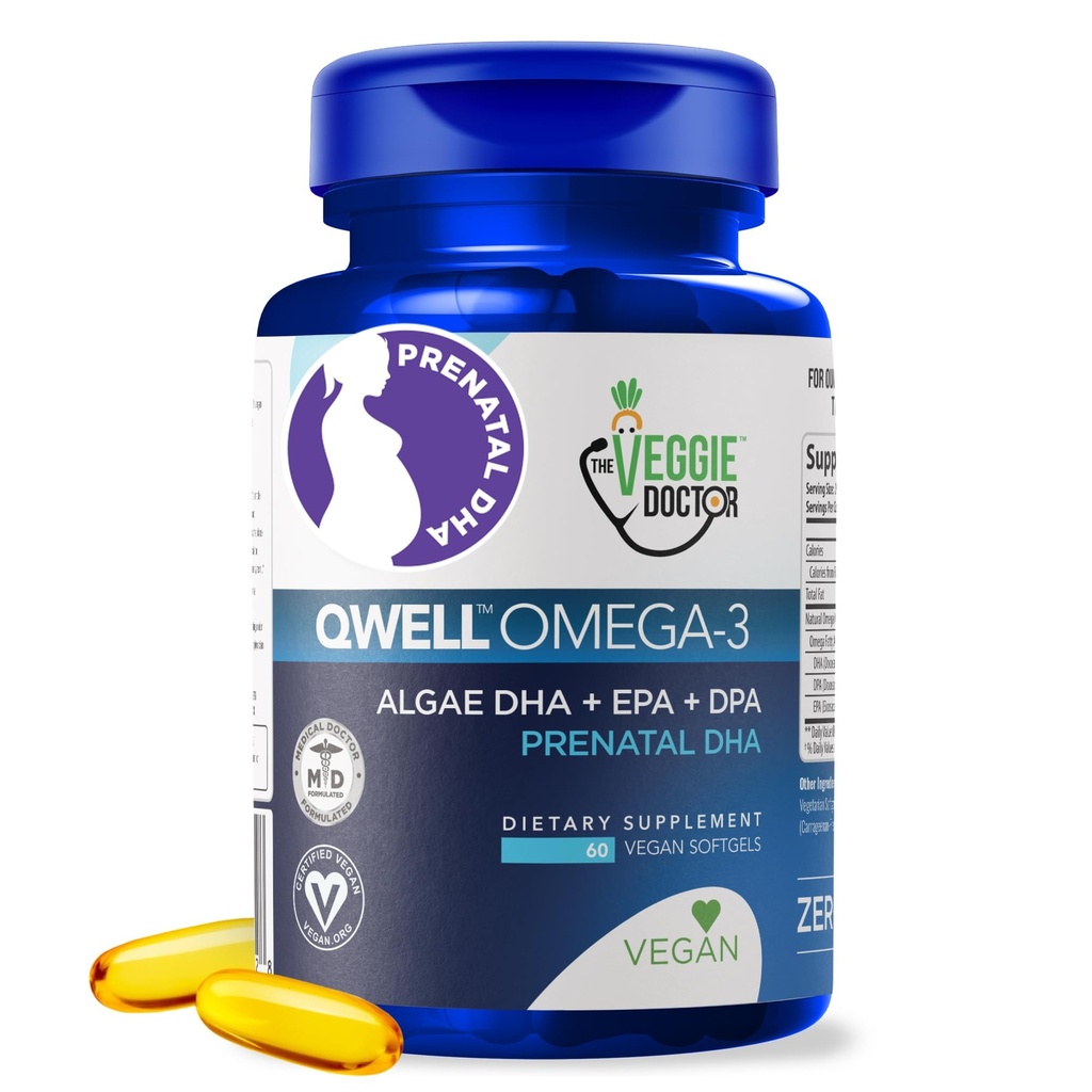 Vegan Προγεννητικές Βιταμίνες με DHA (60 Count) Omega-3 - Qwell Better Than Fish Oil, Brain Function - 820 Mg Algae DHA & EPA, Vegan Προγεννητικές Βιταμίνες με Βιταμίνη Ε, Carragenan-Free