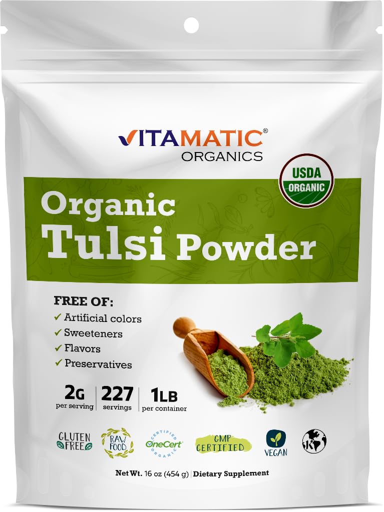 Vitamatic Certified USDA Organic Tulsi (Άγιος Βασίλειος) σκόνη – 1 λίρα (16 ουγγιά) – Προσαρμοσμένο Βότανο για το άγχος, την ανοσία και τη συνολική ευεξία
