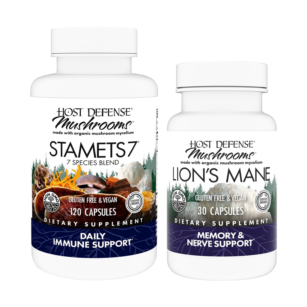 Host Defense Bundle with Stamets 7, 120 Count & Lion's Mane Capses, 30 Count - Υποστήριξη Ανοσολογική Υγεία & Λειτουργία - Υποστήριξη Εγκεφαλική Υγεία, Μνήμη & Εστίαση*