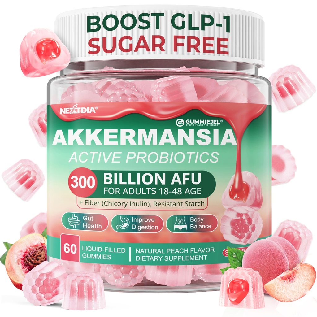 Akkermansia Probiotics Gummies with Prebiotics Fiber, 300 Billion AFU Akkermansia Muciniphila, with Polyphenol Fruits, Resistant Starch, Vitamin A D3 B2 for Metvolution, Digestive & Gut Health, 1Pack