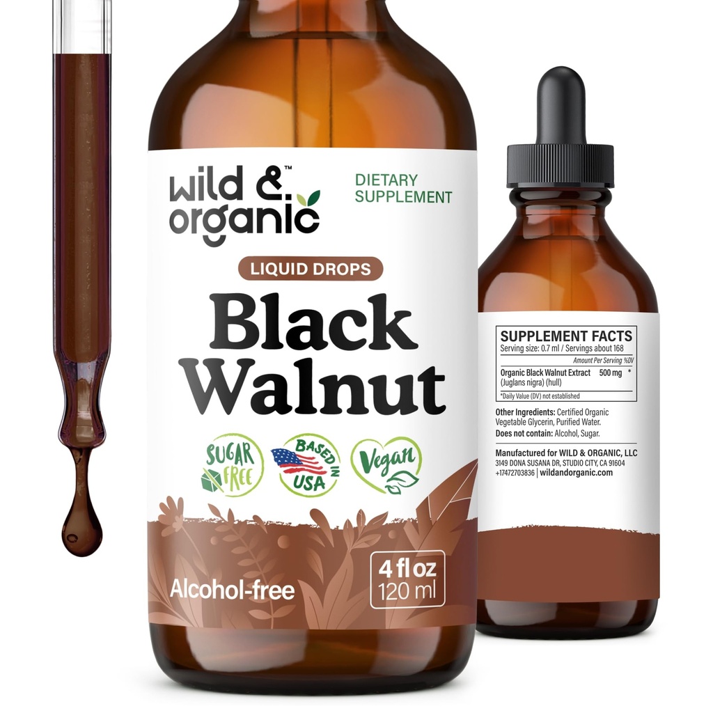 Wild & Organic Black Walnut Tincture - Detox Cleanse w/Black Walnut Hull Extract - Συμπλήρωμα βοτάνων για το Cleanse Detox και το Digestive Well-Being - Vegan, Ζάχαρη & Αλκοόλ-Free - 4 fl oz