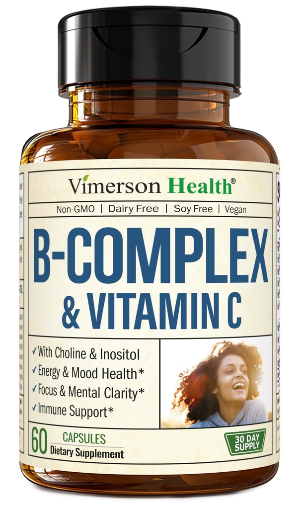 Vitamin B Complex with Vit C & Folic Acid (Folate) - 8 High Potency B Vitamins: B1, B2, B3, B5, B6, B7, Vitamin B12 + Biotin, Choline & Inositol. Aids Mood, Energy, Nervous System & Immune Support