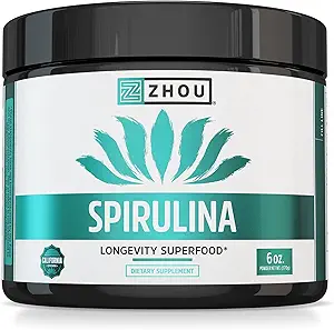 Zhou Spirulina Powder - Blue Green Spirulina Superfood για γυναίκες & άνδρες με πρωτεΐνη Vegan, Chlorophyl & Phycocyanin για ομαλή ενέργεια & μακροζωία, Μείγμα ποτών για smoothies - 6 oz Jar (48 Σερβιέτες)