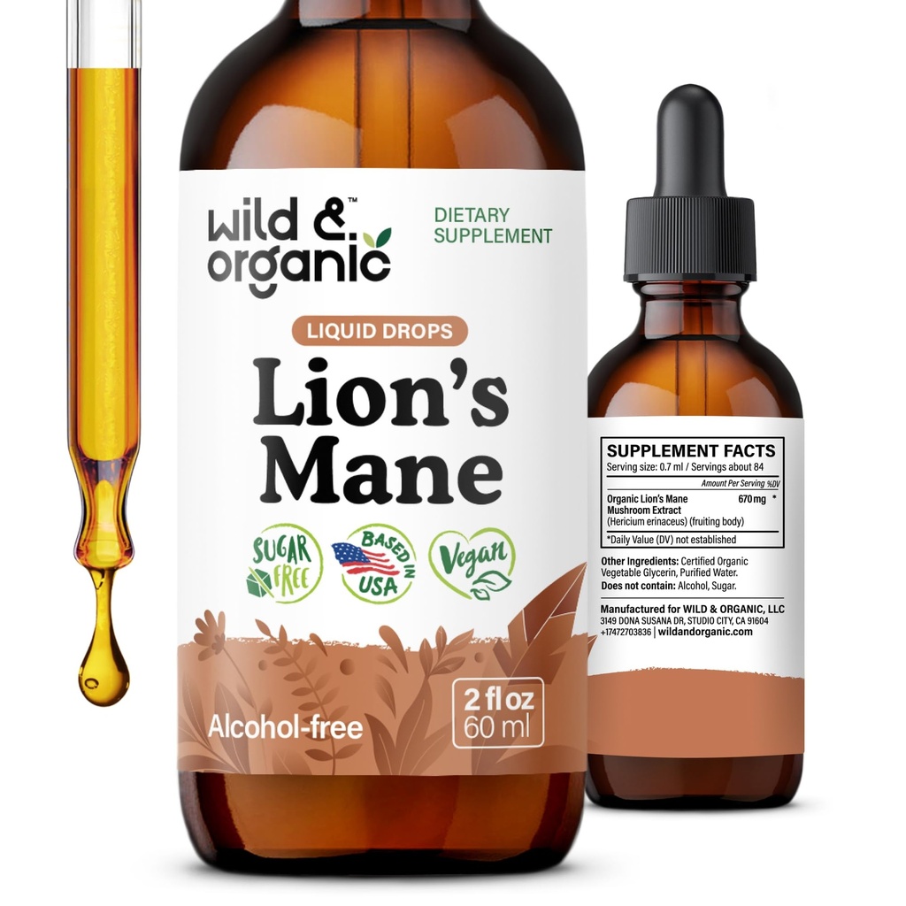 Wild & Organic Lions Mane Liquid Drops - Focus & Brain Support - Lions Mane Supplement - Hericium Erinaceus Mushroom Extract Βάμμα - Vegan, Αλκοόλ & Ζάχαρη-Free - 2 fl oz