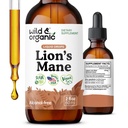 Wild & Organic Lions Mane Liquid Drops - Focus & Brain Support - Lions Mane Supplement - Hericium Erinaceus Mushroom Extract Tincture - Mix with Powder & Add to Tea - Alcohol & Sugar-Free - 2 fl oz