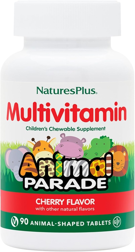 Natures Plus Animal Parade Multivitamin Children's Chewables - Cherry Flavor - 90 Animal-Shaped Tablets - Promotes Health & Well-Being - Vegetarian, Gluten Free - 45 Servings