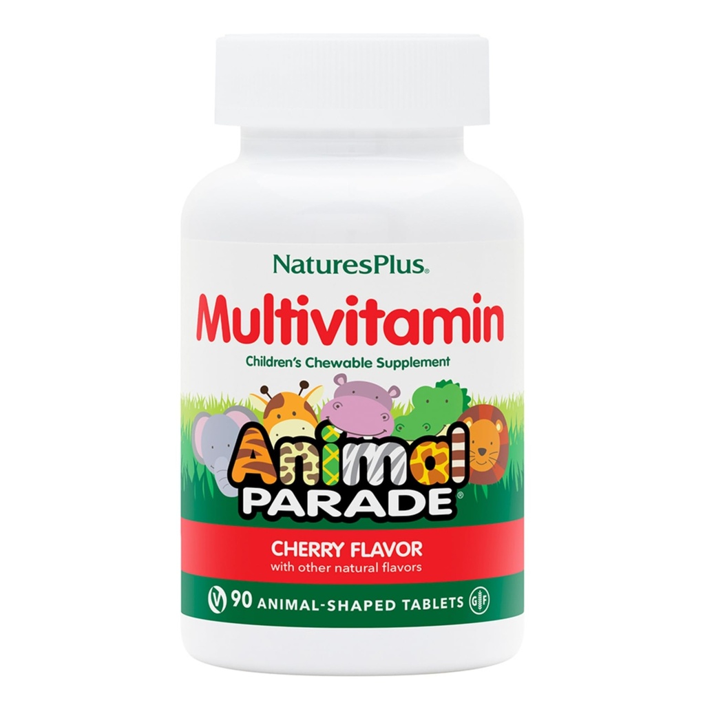 NaturesPlus Animal Parade Multivitamin Children's Chewables - Cherry Flavor - 90 Animal-Shaped Tablets - Promotes Health & Well-Being - Vegetarian, Gluten Free - 45 Servings