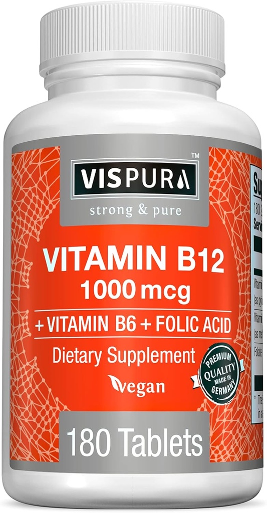 VISPURA Βιταμίνη B12 1000 mcg Μεθυλοκοβαλαμίνη + B6/Folic Acid, 180 Vegan Tablets, Καλύτερο συμπλήρωμα για την αύξηση της ενέργειας, Enhance Mood, Sharpen Focus*, Οργανικό συμπλήρωμα