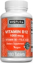 VISPURA Βιταμίνη B12 1000 mcg Μεθυλοκοβαλαμίνη + B6/Folic Acid, 180 Vegan Tablets, Καλύτερο συμπλήρωμα για την αύξηση της ενέργειας, Enhance Mood, Sharpen Focus*, Οργανικό συμπλήρωμα