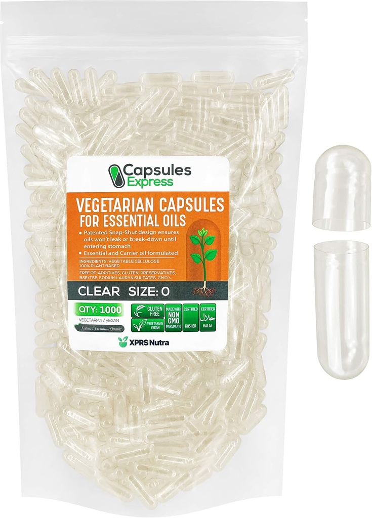 XPRS Nutra Μέγεθος 0 Κενές κάψουλες Vegan - 1000 κάψουλες Clear Veggie για αιθέρια έλαια - Κενά καπάκια λαχανικών - DIY εργασίες πλήρωσης με περισσότερο λάδι