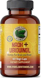 Pure Lab Vitamins NADH 10mg με Ubiquinol 40 mg - 60 Vegi Caps Βιοενεργό VIT B3 και CoQ10 για τον εγκέφαλο και την ενέργεια του σώματος. Κατασκευασμένο στον Καναδά