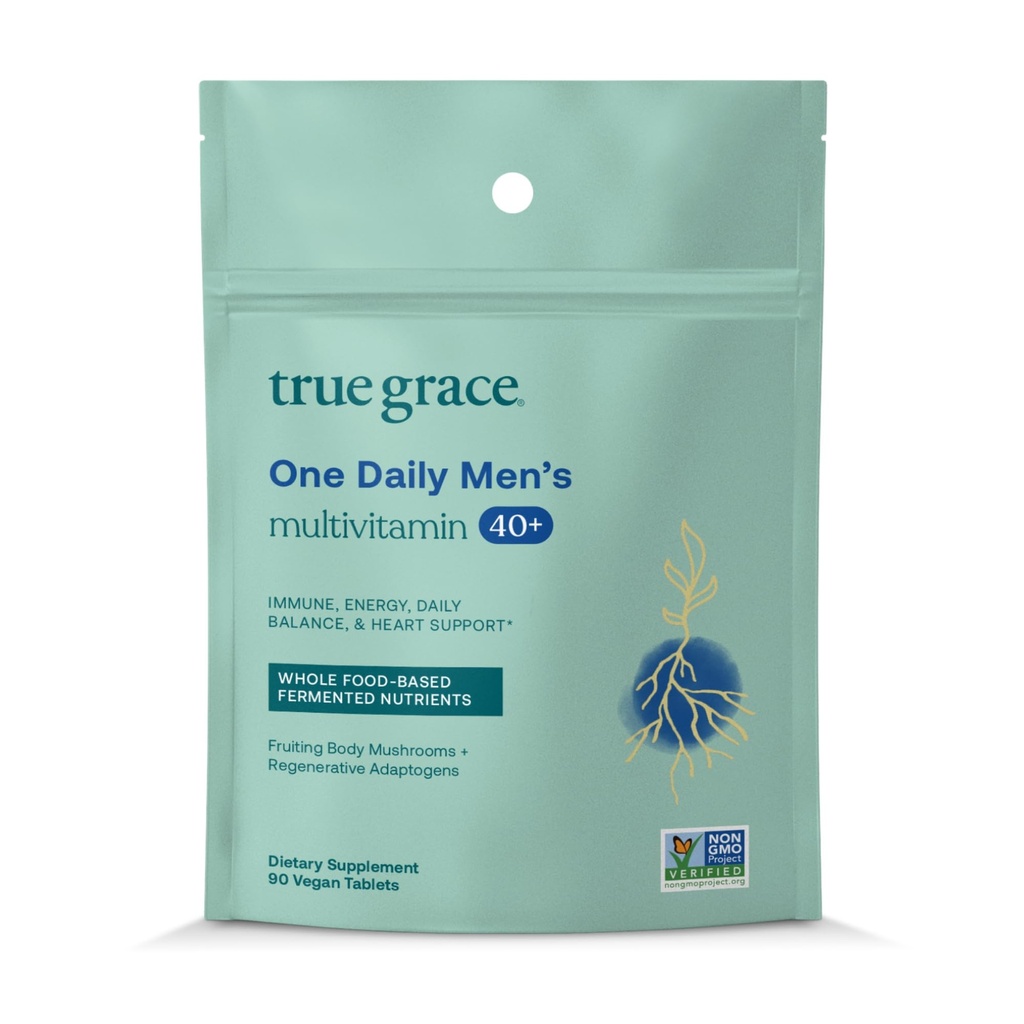 True Grace Men's 40+ One Daily Multivitamin Fermented Minerals, Organic Adaptogens & Μανιτάρια Ολόκληρο το σώμα Ισορροπία Ανοσοποιητικό, Αντοχή, Οστών & Καρδιάς Συμπλήρωμα Υποστήριξης - Μη ΓΤΟ - 90 Χορτοφαγικά Δισκία