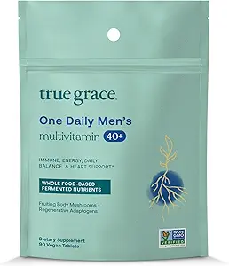 True Grace Men's 40+ One Daily Multivitamin Fermented Minerals, Organic Adaptogens & Μανιτάρια Ολόκληρο το σώμα Ισορροπία Ανοσοποιητικό, Αντοχή, Οστών & Καρδιάς Συμπλήρωμα Υποστήριξης - Μη ΓΤΟ - 90 Χορτοφαγικά Δισκία