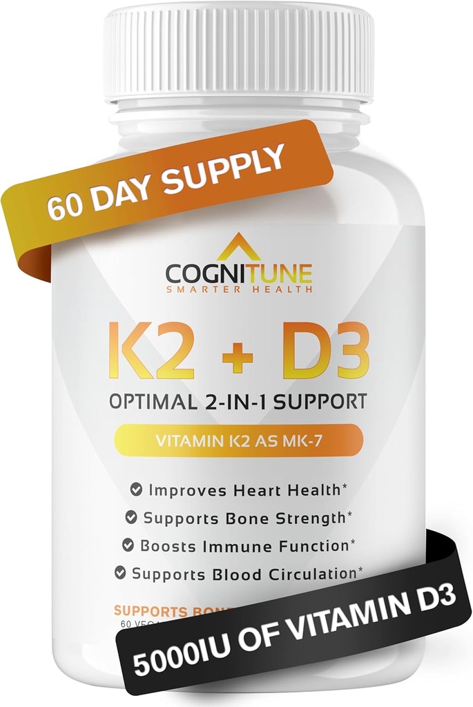 Vitamin D3 5000 IU with Vitamin K2 (MK7) Supplement - Premium Immune, Heart & Bone Health Capsules - Vitamin K2 D3 Complex with 5000 IU of Vitamin D3 & 90 mcg of Vitamin K2 mk7-60 Count