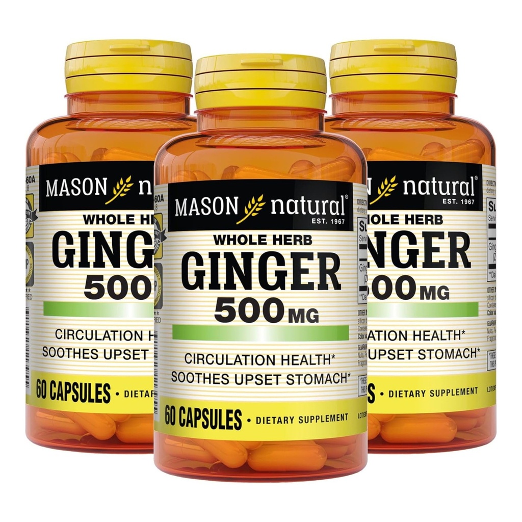 MASON ΦΥΣΙΚΟ Ολόκληρο Βότανο Ginger 500 mg, 6 Μήνες προσφοράς, Φυσικό φυτικό συμπλήρωμα, 60 κάψουλες (3 Συσκευασία)