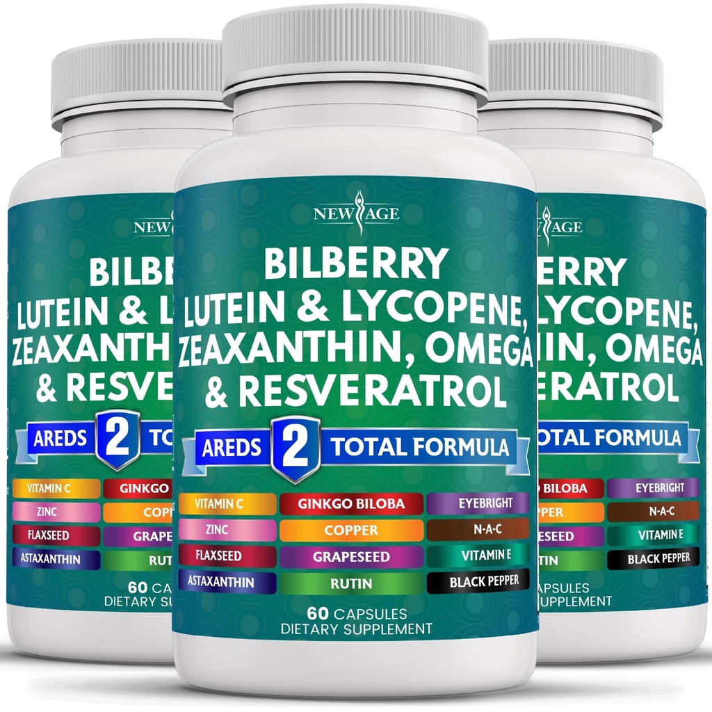 NEW AGE Eye Health Vitamins with Bilberry Lutein & Zeaxanthin Lycopene Resveratrol Grape Seed Extract Astaxanthin - Eye Vitamin - 180 Count