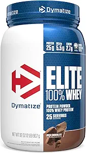 Dymatize Elite 100% σκόνη πρωτεΐνης ορού γάλακτος, σοκολάτα, 25g πρωτεΐνης, 5.5g BCAAs, λιγότερο από 140 Cal., χωρίς γλουτένη, 3g υδατάνθρακες, 2g ζάχαρη, 3g λίπος (25 σερβιρίσματα)