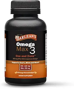 Ιδανικό Omega Max 3 Fish Oil της Barlean, 1000 mg Softgels, EPA και DHA χάπια λιπαρών οξέων για άνδρες και γυναίκες, Πορτοκαλί Γεύση, 60 Count