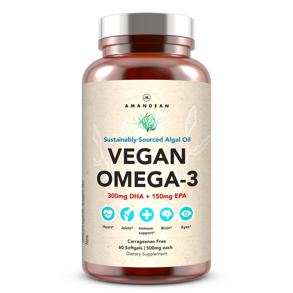 AMANDEAN Vegan Omega 3 συμπλήρωμα. Premium Fish Oil Εναλλακτική. Άλγα DHA & EPA. Carragenan Free Softgels (στα Αγγλικά). Άλγαλα απαραίτητα λιπαρά οξέα. Καρδιά, εγκέφαλος, μάτι, δέρμα, ανοσοποιητική υποστήριξη. (60ct)
