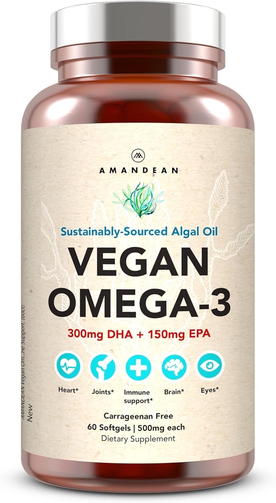 AMANDEAN Vegan Omega 3 συμπλήρωμα. Premium Fish Oil Εναλλακτική. Άλγα DHA & EPA. Carragenan Free Softgels (στα Αγγλικά). Άλγαλα απαραίτητα λιπαρά οξέα. Καρδιά, εγκέφαλος, μάτι, δέρμα, ανοσοποιητική υποστήριξη. (60ct)