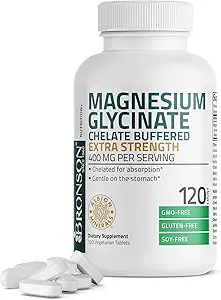 Bronson Magnesium Glycinate 400mg Extra Strength, Vegetarian, Chelated for Absorption Gentle on The Stomach, Non-GMO, 120 Tablets