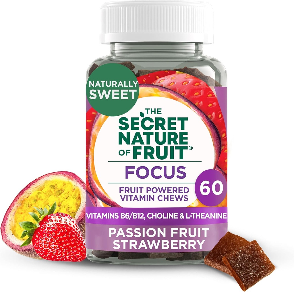 Η Μυστική Φύση της Φρούτων Focus Chews, Real Fruit Powered Vitamin Chews with Vitamins B6 & B12, Choline, L-Θεανίνη, Πάθος Φρούτα & Φράουλα για Διανοητική Καθαρότητα, Gummy (60 Count)