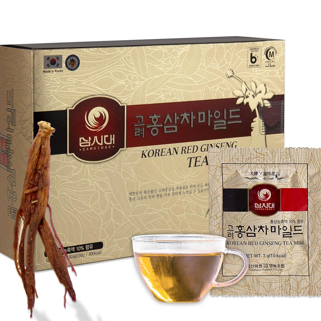 SAMSIDAE Κορεάτικα Panax Red Ginseng Instant Tea, Κουτί των 50 φακελιών, Βελτιώνει την κυκλοφορία του αίματος, τις πνευματικές επιδόσεις και τη μνήμη, διεγείρει την ενέργεια