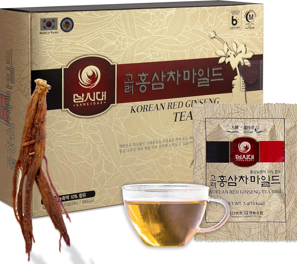 SAMSIDAE Κορεάτικα Panax Red Ginseng Instant Tea, Κουτί των 50 φακελιών, Βελτιώνει την κυκλοφορία του αίματος, τις πνευματικές επιδόσεις και τη μνήμη, διεγείρει την ενέργεια
