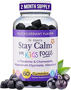 Dr. Klein's Stay Calm Kids Gummies – Μαγνήσιο Γλυκινικό + Βιταμίνη Α, L-Θεανίνη, εκχύλισμα χαμομηλιού – Προώθηση της εστίασης και της ηρεμίας για τις ηλικίες 5+ – Μαγνήσιο Gummies για τα παιδιά–Μαύρο σταφύλι, Zero Sugar, 60 Count