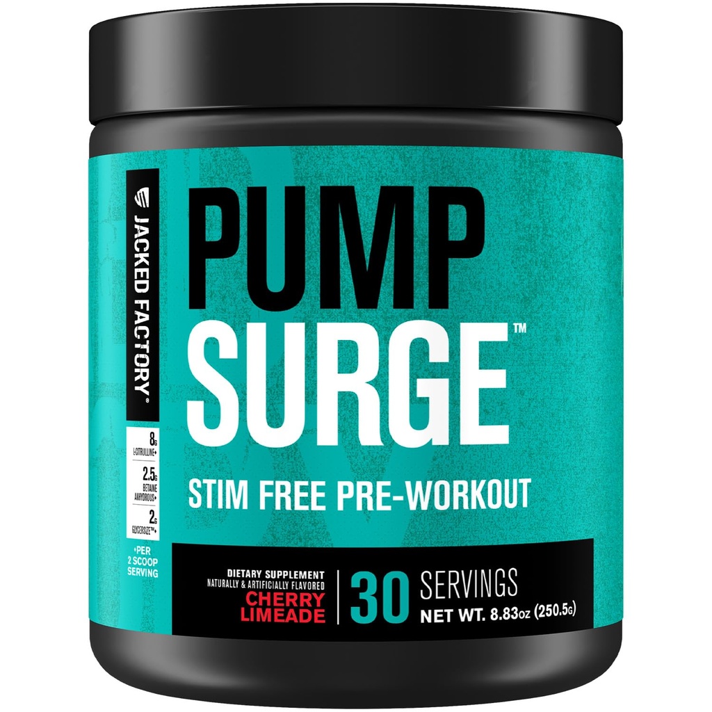 Jacked Factory Pumpsurge Caffeine Free Pre προπόνηση για άνδρες και γυναίκες - Nootropic Booster & Stim Δωρεάν προπόνηση - Έντονες αντλίες, Enhanced Focus - 30 εξυπηρετούν, Cherry Limeade