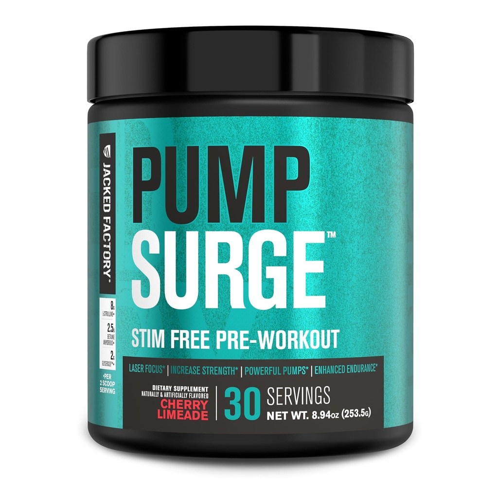 Jacked Factory Pumpsurge Caffeine Free Pre Workout for Men & Women - Nootropic Booster & Stim Free Pre Workout - Intense Pumps, Enhanced Focus - 30 Servings, Cherry Limeade