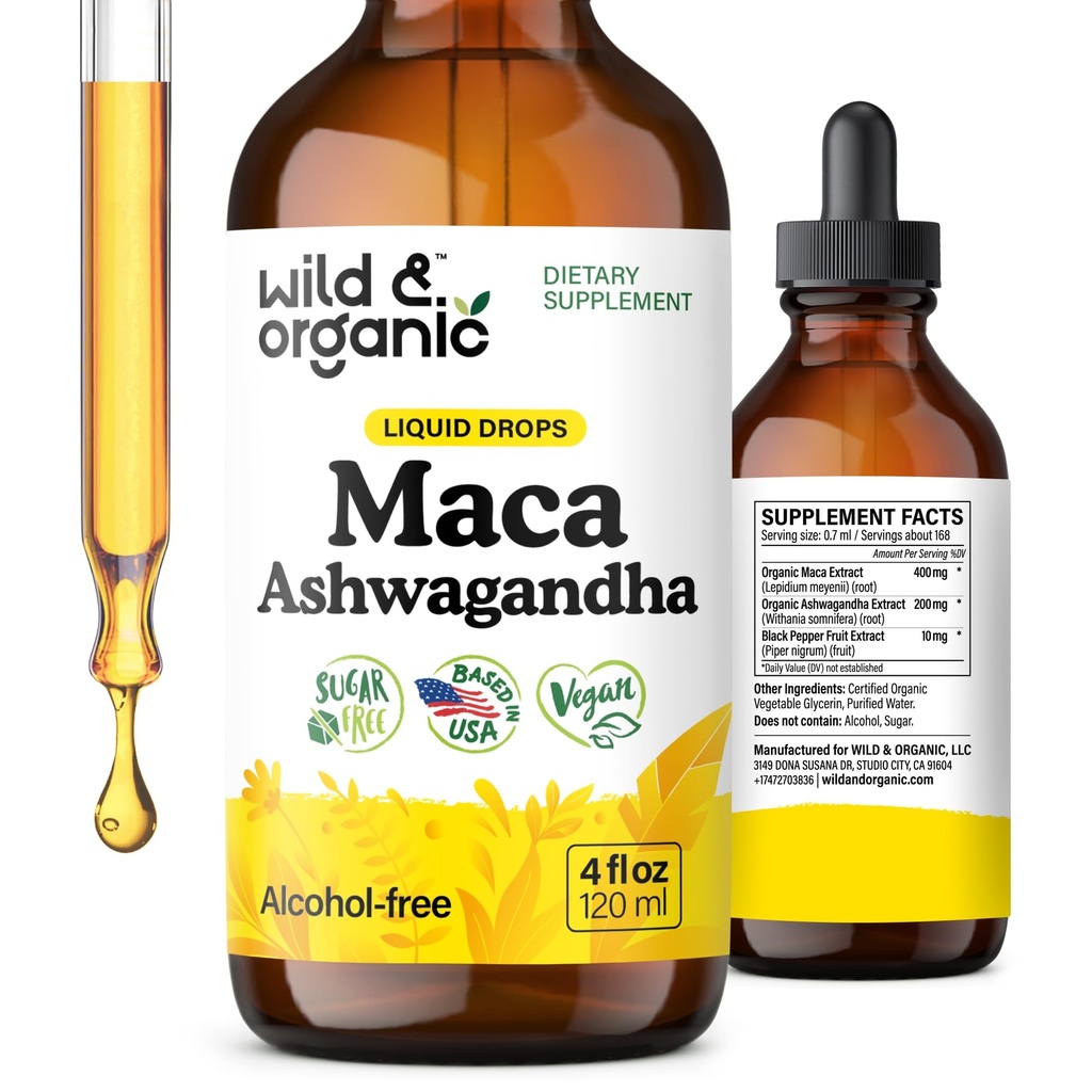 Wild & Organic Maca Root Ashwagandha Drops for Men and Women - Liquid Maca Ashwagandha Supplement for Overall Support - Peruvian Extract Tincture - Vegan, Sugar & Alcohol-Free - 4 fl oz