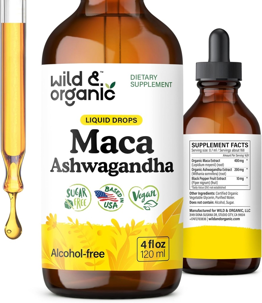 Wild & Organic Maca Root Ashwagandha Drops for Men and Women - Liquid Maca Ashwagandha Supplement for Overall Support - Peruvian Extract Tincture - Vegan, Sugar & Alcohol-Free - 4 fl oz