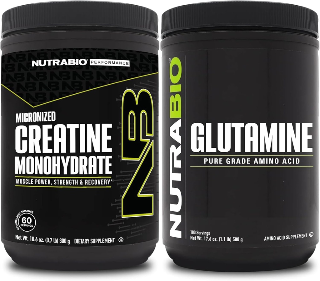 NutraBio Creatine Monohydrate Supplement, Unflavored, (300g) και L-Glutamine Powder, (500g) – Συμπληρώματα προπόνηση υποστηρίζει μυϊκή ενέργεια, ανάκτηση, και δύναμη