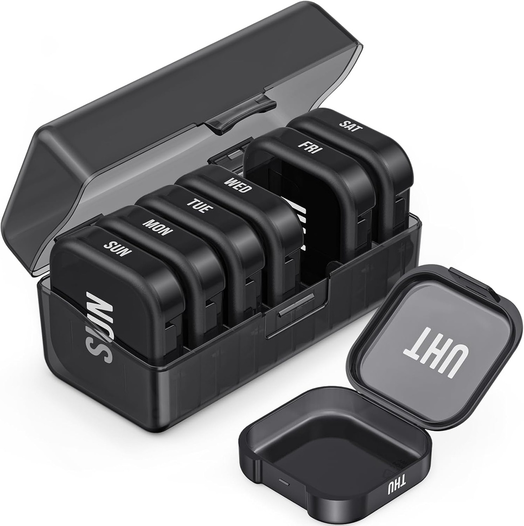 PULIV Daily Pill Organizer με 7 μεγάλα ξεχωριστά διαμερίσματα, Φορητό κουτί χάπι 7 ημέρα για το τσεπάκι, Αρθρίτιδα-Φιλοθεραπευτής με διπλή προστασία για μεγάλες βιταμίνες, ιχθυέλαια (μαύρο)